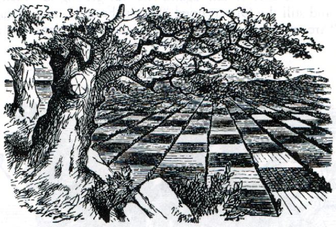 The Chess-board — Illustration to the second chapter of Through the Looking Glass by John Tenniel. Wood-engraving by the Dalziels.